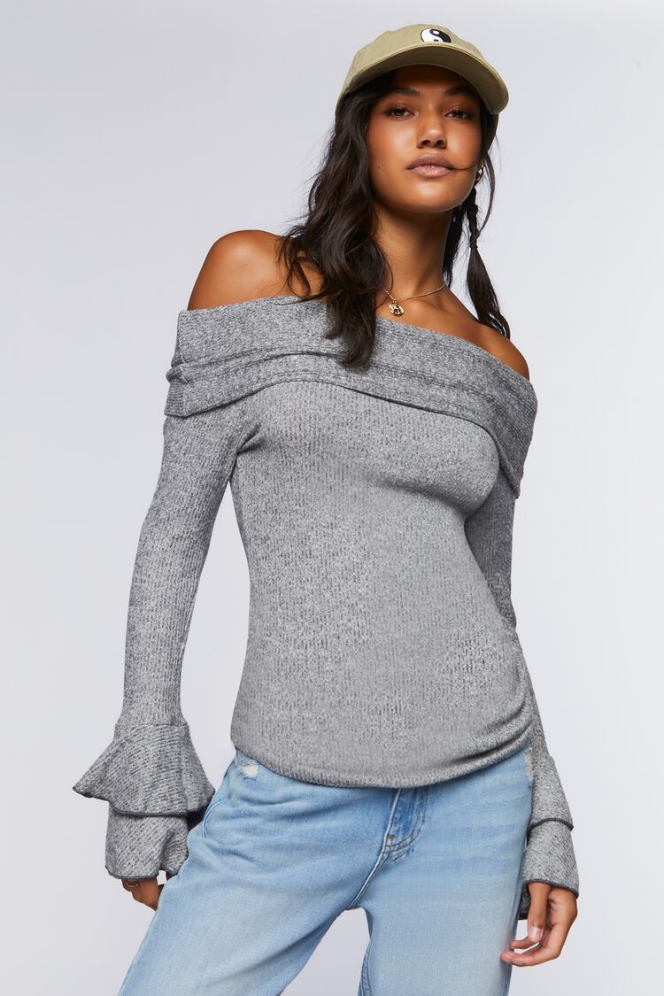 Women’s Off-the-Shoulder Trumpet-Sleeve Tunic in Heather Grey Medium Forever on sale 2022