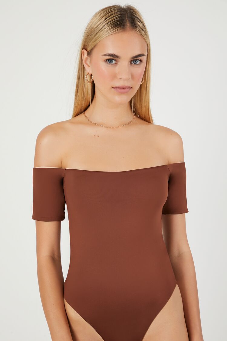 Women's Reversible Off-the-Shoulder Bodysuit in Taupe/Brown,  XS