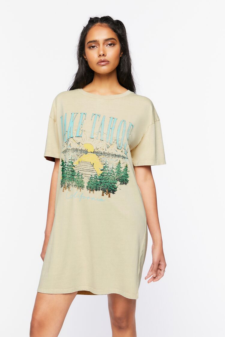 Women Lake Tahoe Graphic T-Shirt Dress in Beige/Blue,  XL FOREVER 21 on sale 2022 2