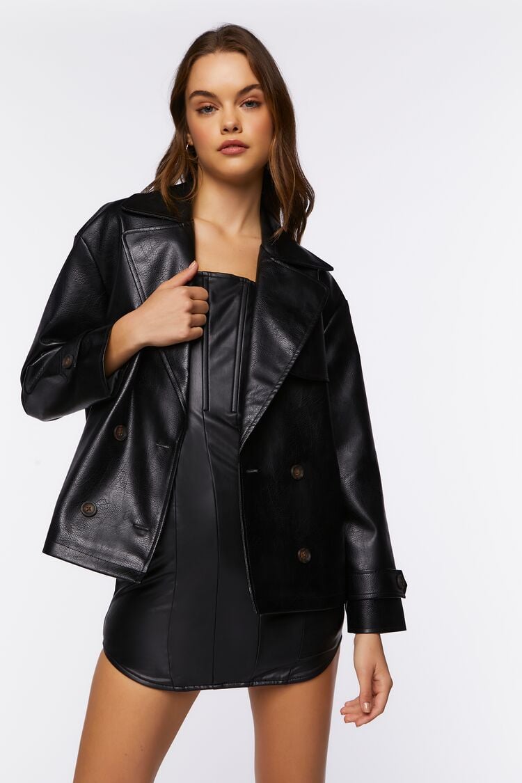 Faux Leather Double-Breasted Jacket