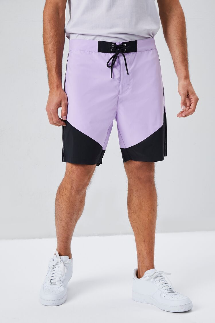 Men Colorblock Lace-Up Swim Trunks in Purple/Black Small 21MEN on sale 2022 2