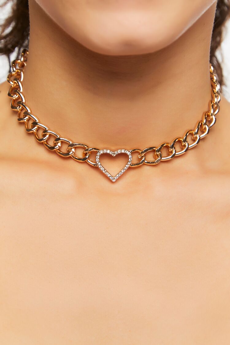 Women’s Rhinestone Cutout Heart Choker Necklace in Gold Accessories on sale 2022