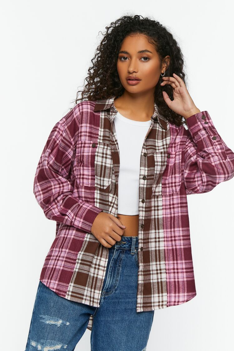 Women’s Reworked Plaid High-Low Shirt in Brown/Pink Large Brown/Pink on sale 2022