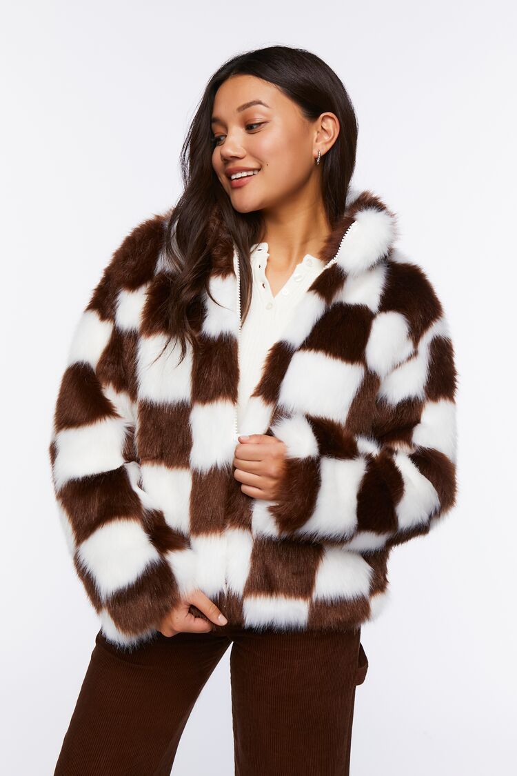 Checkered Faux Fur Coat