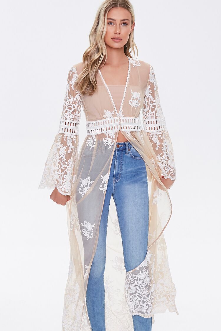 Women Sheer Crochet Lace Kimono in Nude/Cream Large FOREVER 21 on sale 2022 3