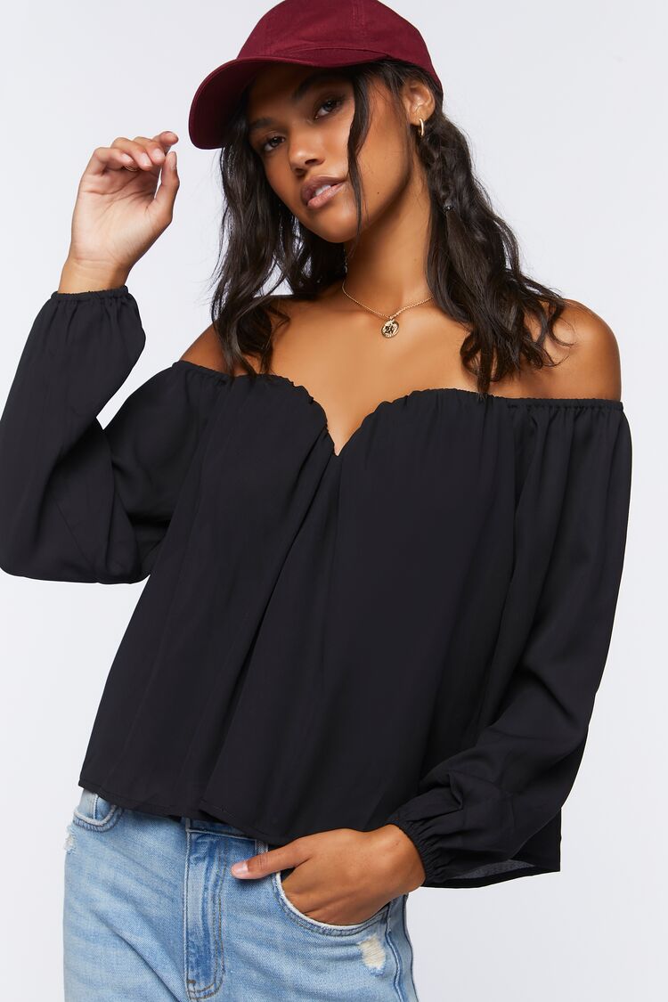 Women’s Chiffon Off-the-Shoulder Top in Black Small black on sale 2022