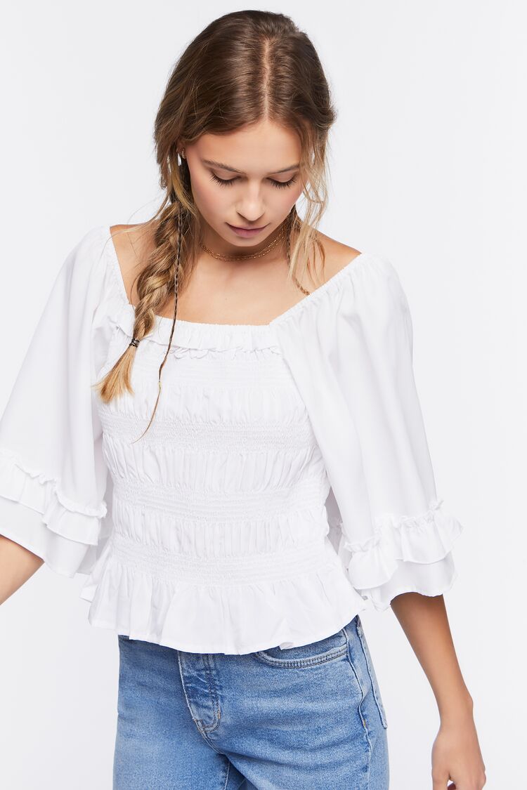Women Smocked Ruffle-Trim Top in Ivory Small FOREVER 21 on sale 2022