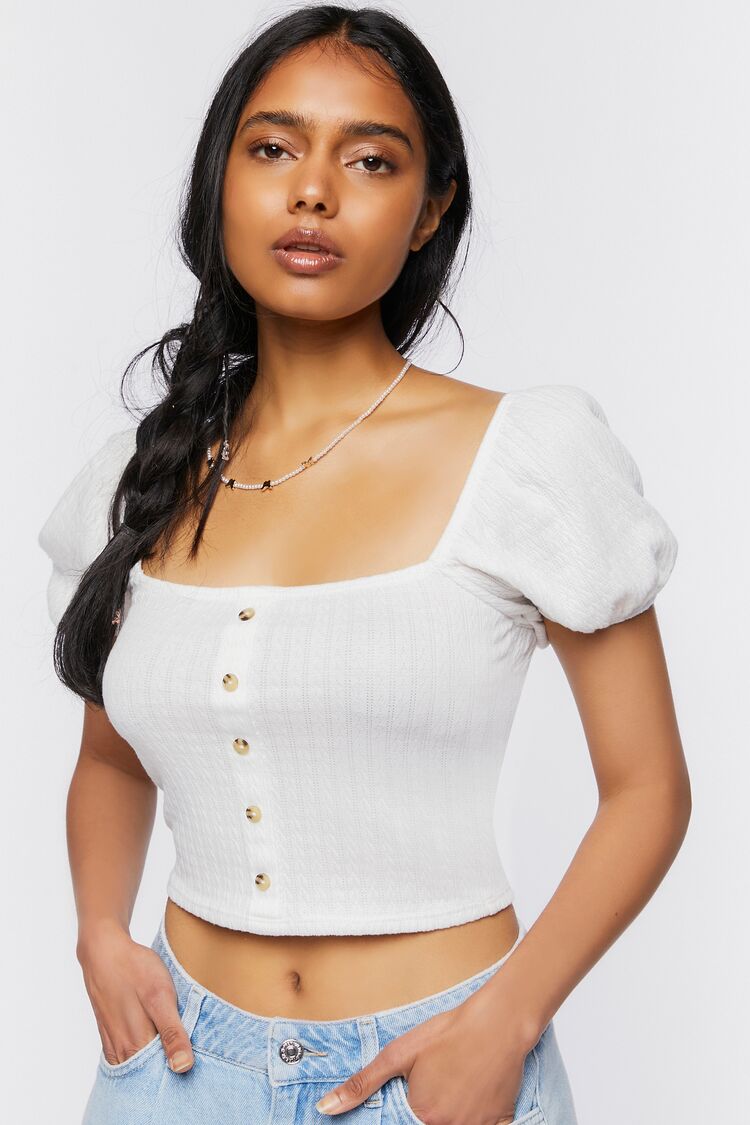 Women Buttoned Crop Top in White,  XS FOREVER 21 on sale 2022