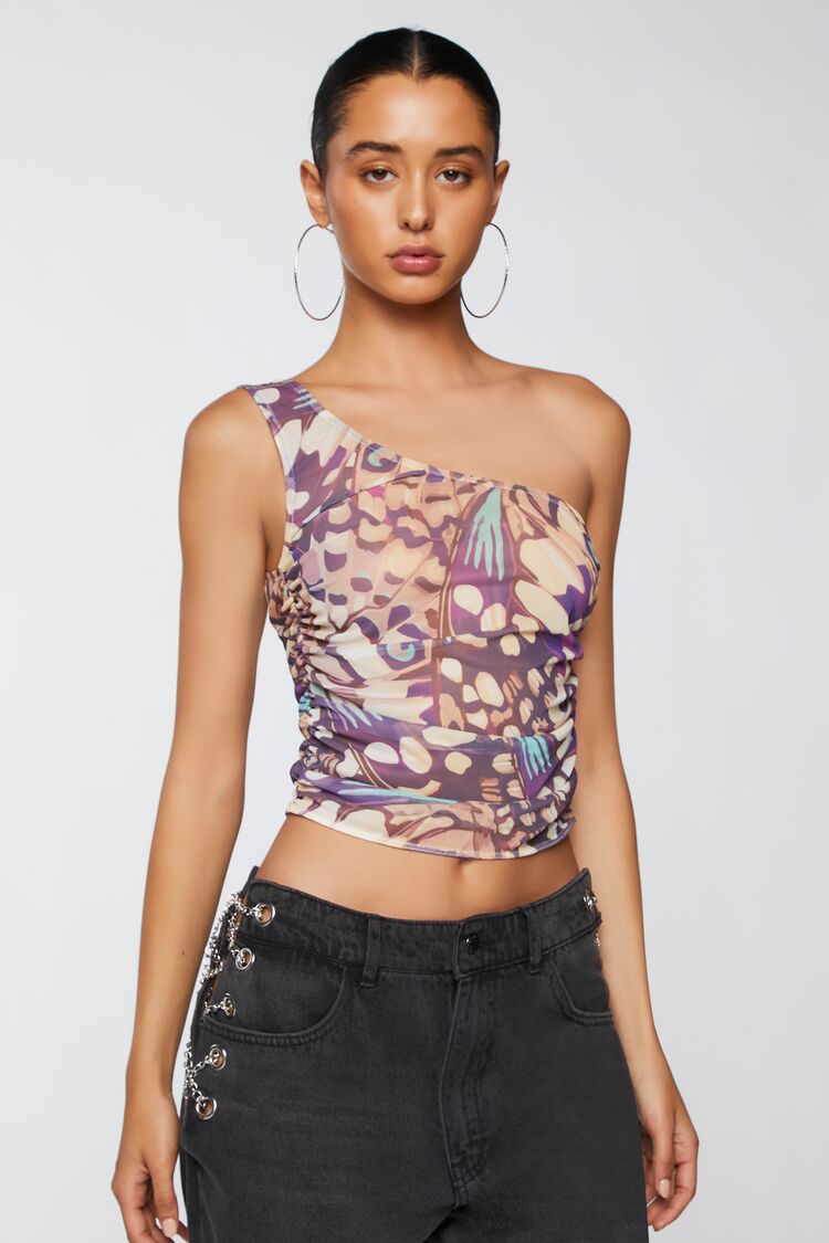 Women Abstract Print One-Shoulder Crop Top in Purple Small FOREVER 21 on sale 2022