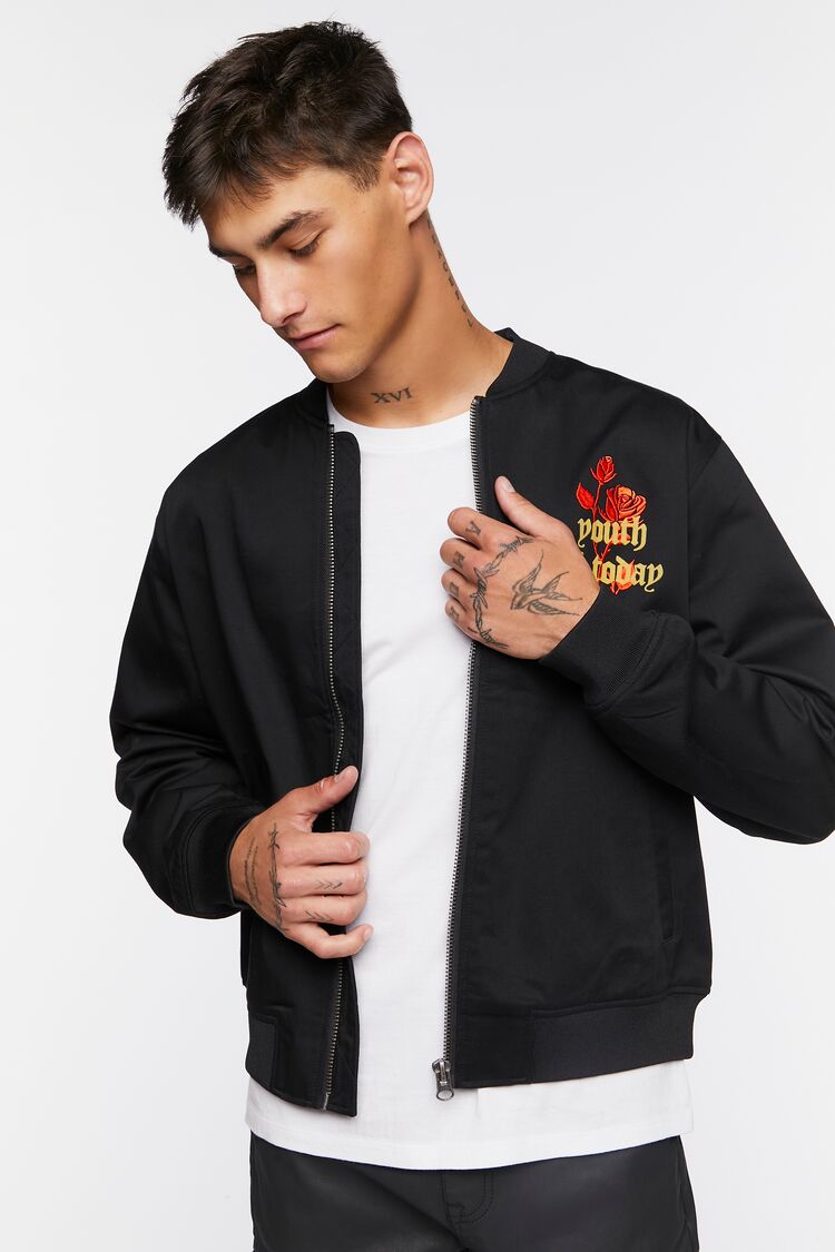 Men Embroidered Rose Bomber Jacket in Black,  XL 21MEN on sale 2022 2
