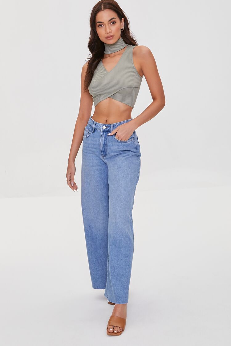 Women Wide-Leg Raw-Cut Jeans in Medium Denim,  33
