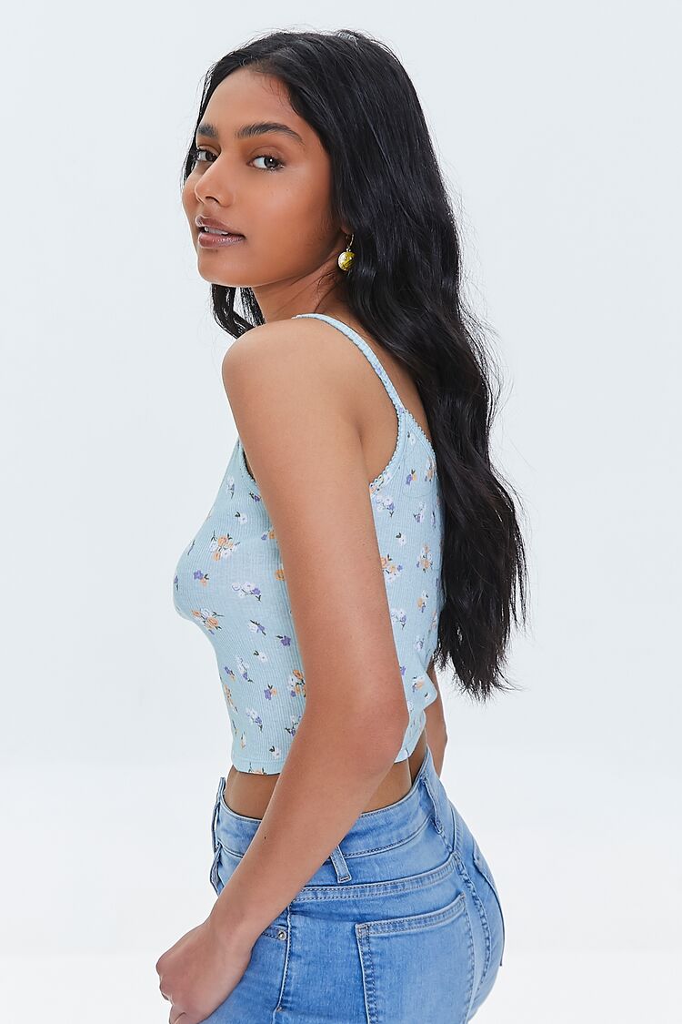 Women Floral Print Ribbed Cami in Sky Blue,  XL FOREVER 21 on sale 2022 2