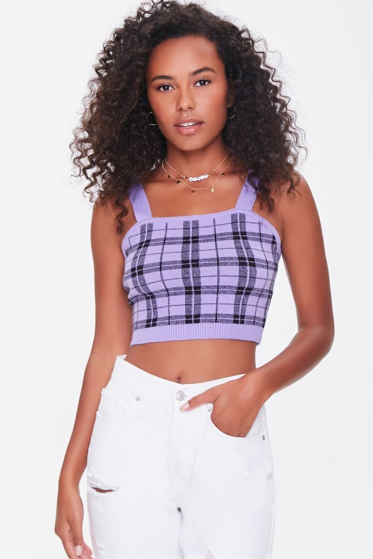 Women’s Sweater-Knit Plaid Cropped Cami in Purple/Black Large cami on sale 2022