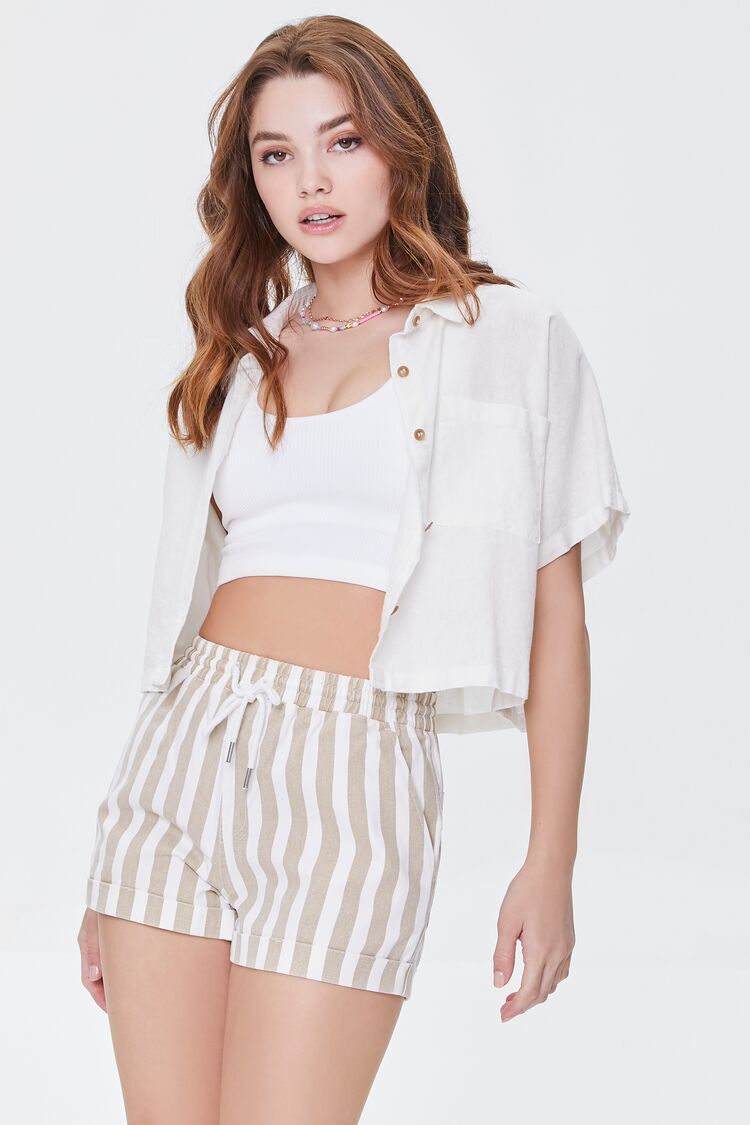 Women Striped Drawstring Twill Shorts in Cappuccino/White Large
