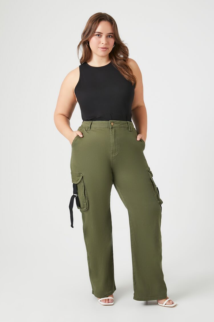 Plus Size Twill Wide-Leg Cargo Pants