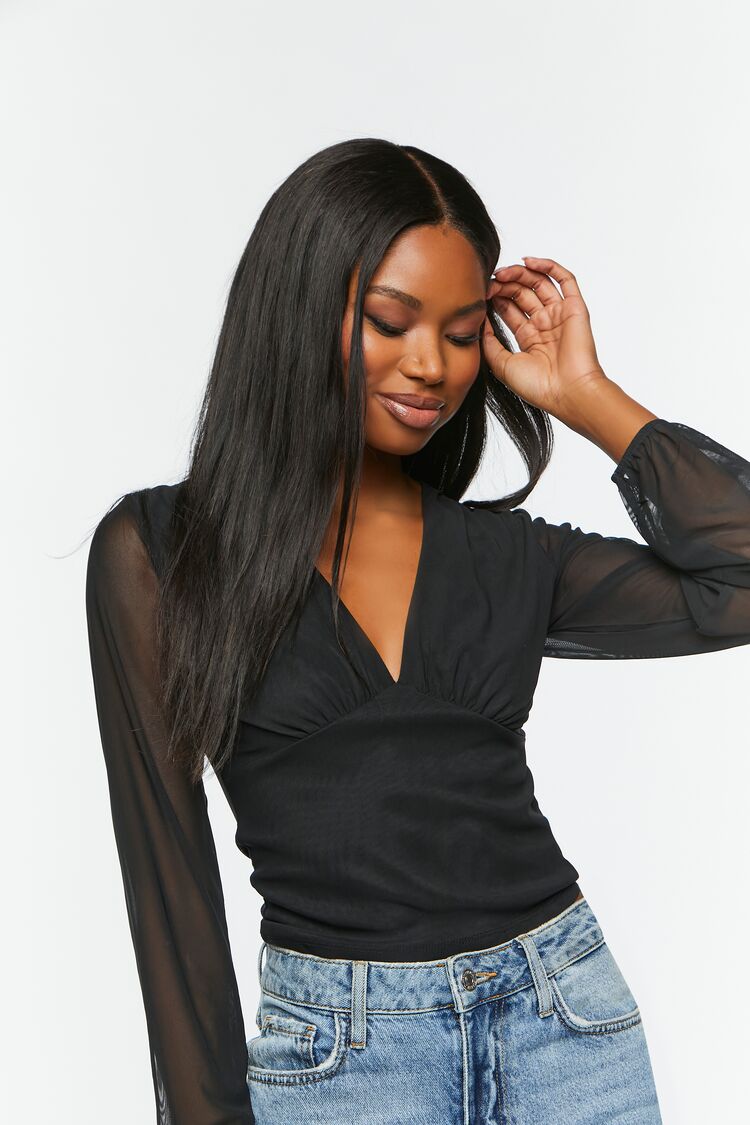 Women’s Plunging Sheer Long-Sleeve Top in Black Large black on sale 2022