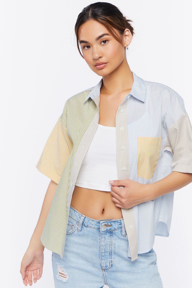 Women Colorblock Striped Shirt in Green,  XS FOREVER 21 on sale 2022