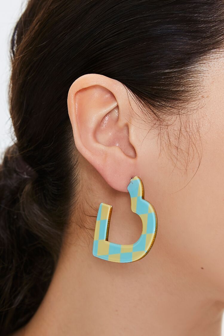 Women Checkered Heart Hoop Earrings in Blue/Yellow FOREVER 21 on sale 2022