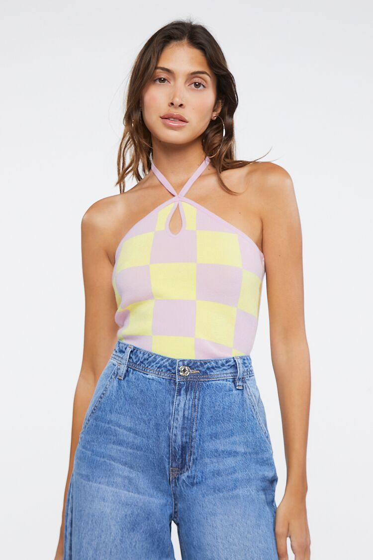 Women Checkered Sweater-Knit Halter Top in Lavender/Yellow Medium FOREVER 21 on sale 2022