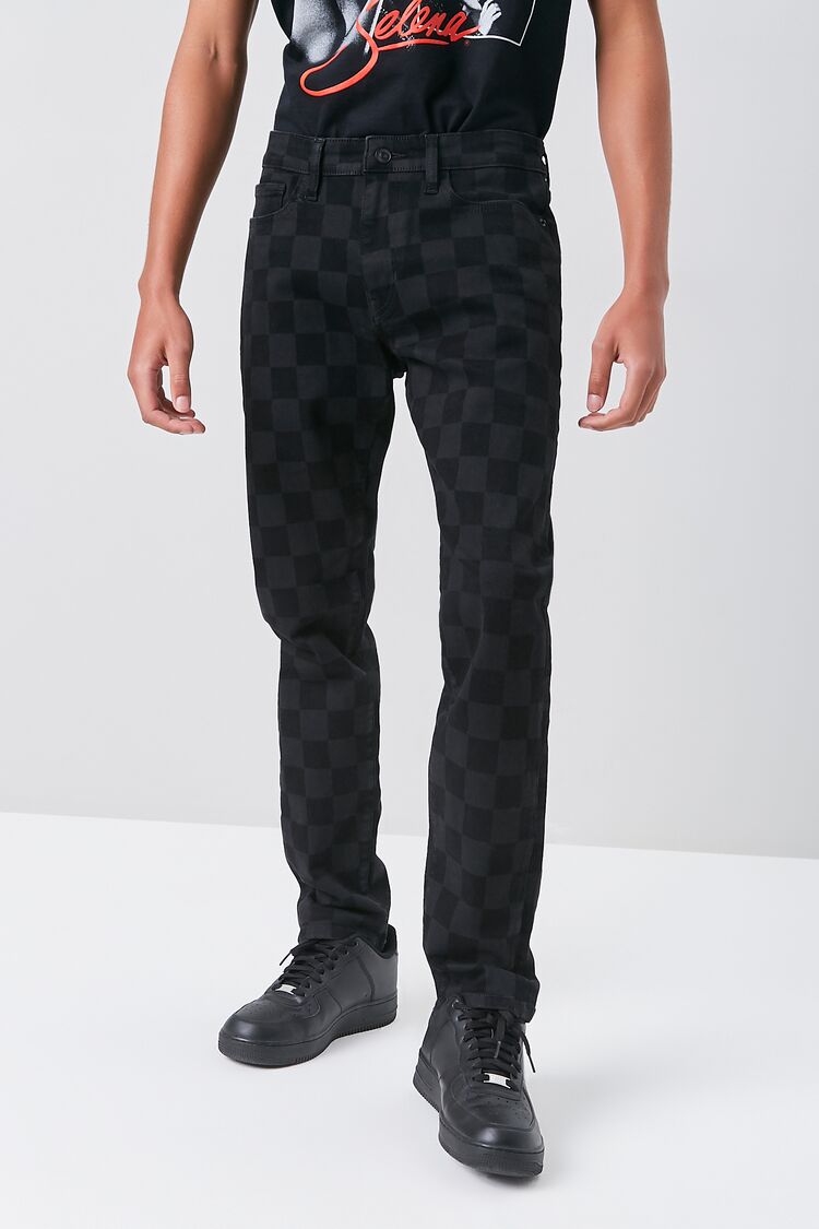 Men Checkered Slim-Fit Jeans in Black/Black,  32 21MEN on sale 2022 2