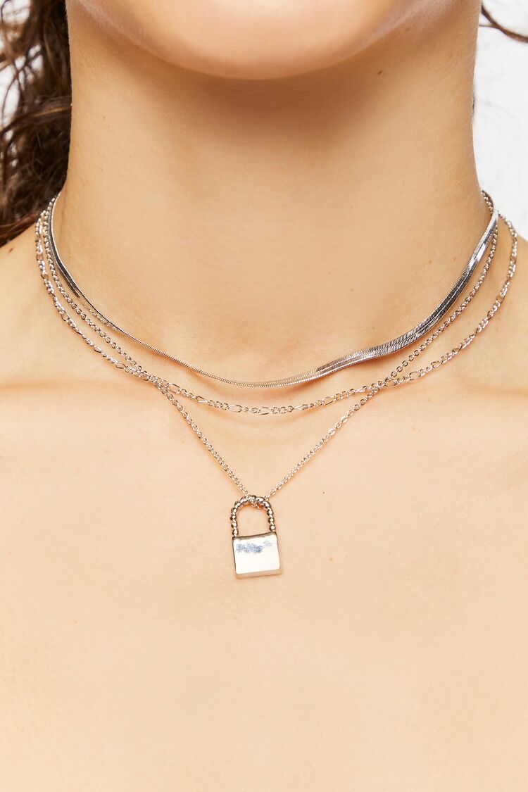 Women’s Layered Lock Necklace in Silver Accessories on sale 2022