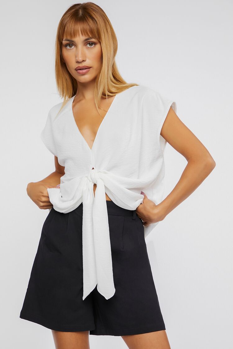 Women Plunging Tie-Front Top in White,  XL FOREVER 21 on sale 2022