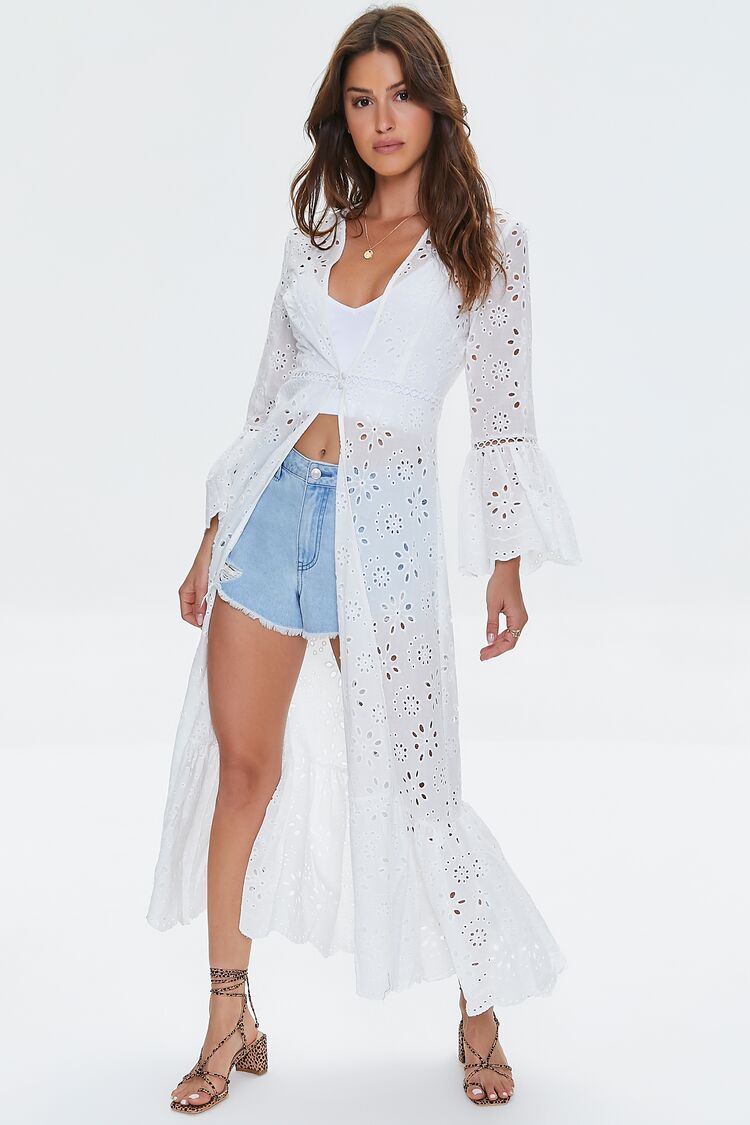 Women’s Floral Eyelet Lace Duster Kimono in White Small Duster on sale 2022 9