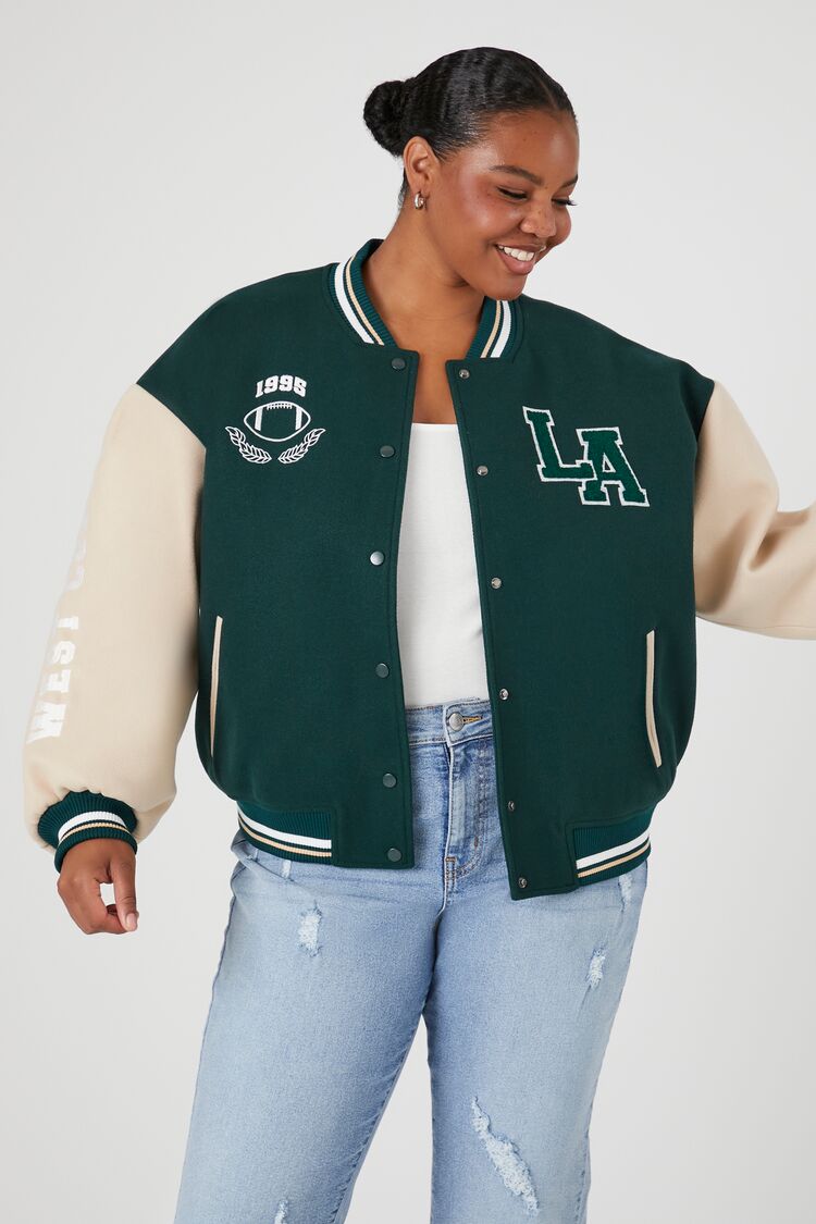 Forever 21 Plus Women's Varsity Letterman Bomber Jacket in Green, 1x | F21