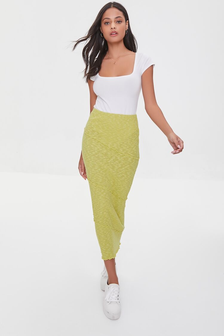 Women’s Ribbed Lettuce-Edge Pencil Skirt in Lime Medium Bottoms on sale 2022