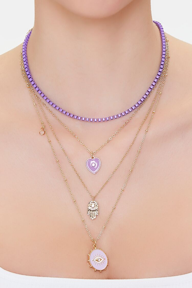 Women’s Hamsa Hand Layered Necklace in Gold/Purple Accessories on sale 2022