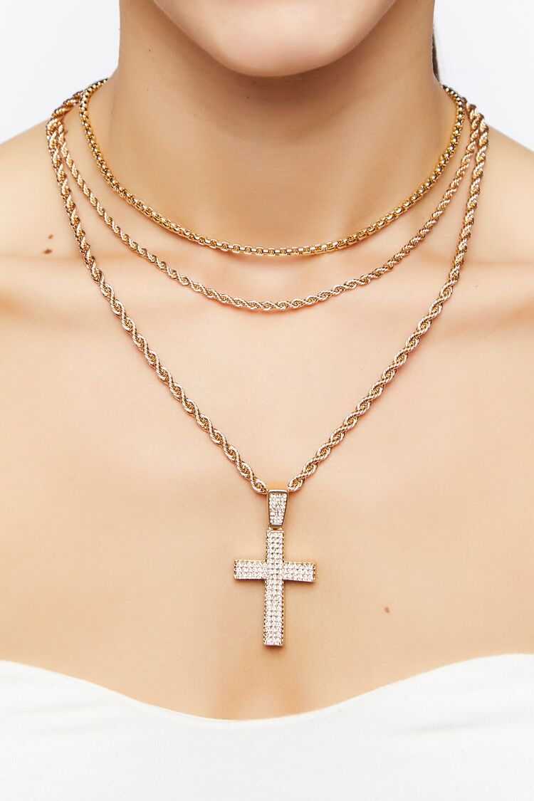 Women’s Rhinestone Cross Necklace Set in Gold/Clear Accessories on sale 2022