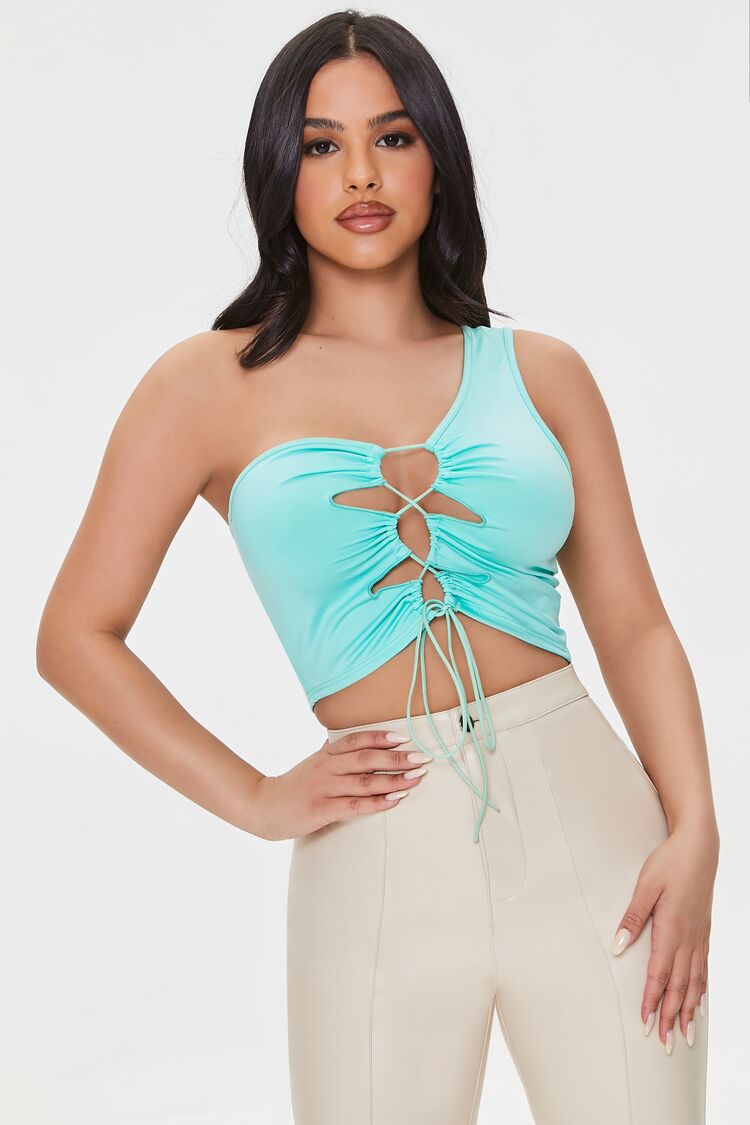 Women Lace-Up One-Shoulder Crop Top in Mint Medium FOREVER 21 on sale 2022
