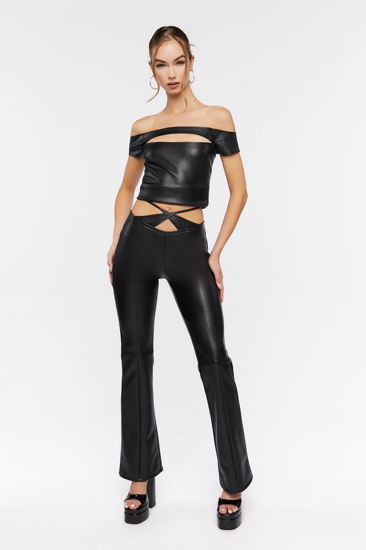 Women Faux Leather Crisscross Cutout Pants in Black Small
