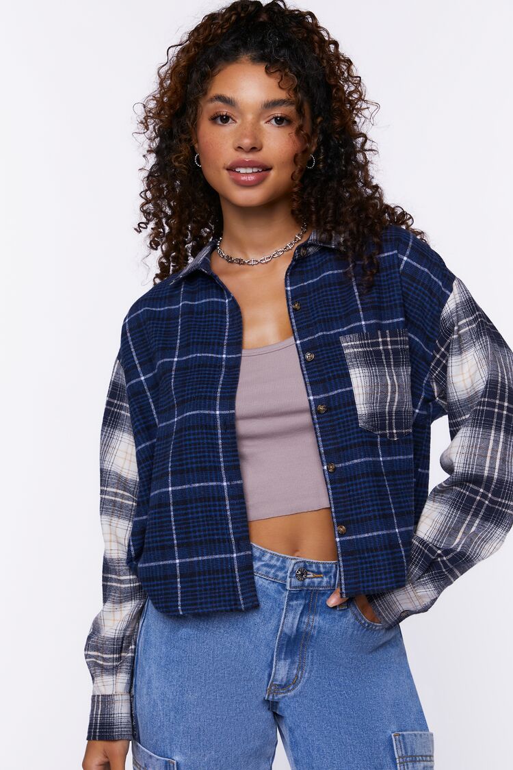 Women’s Reworked Plaid Boxy Flannel Shirt in Indigo Large boxy on sale 2022
