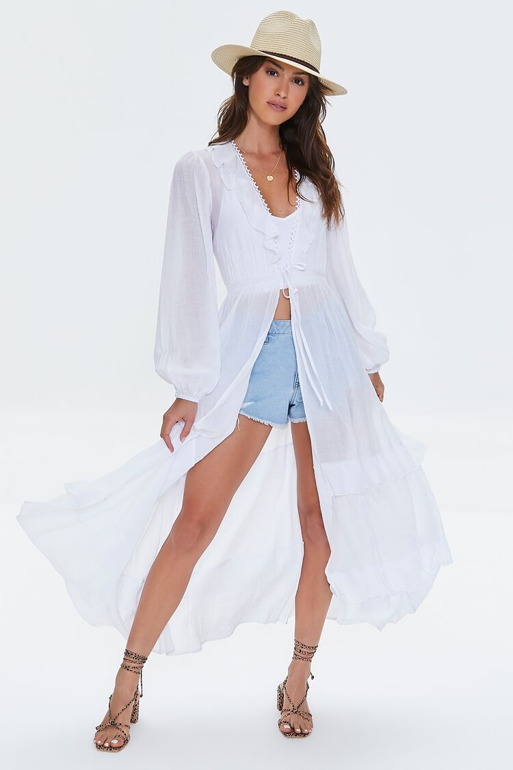 Women Ruffle-Trim Duster Kimono in White Large FOREVER 21 on sale 2022