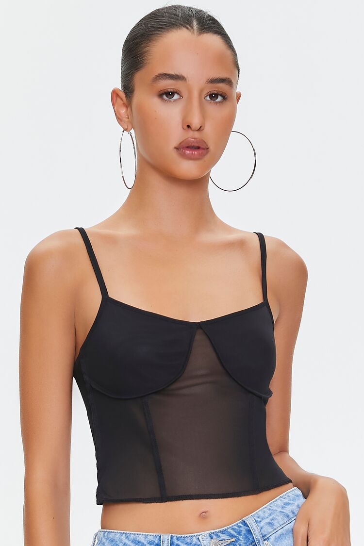 Women Mesh Cropped Cami in Black Medium FOREVER 21 on sale 2022 3