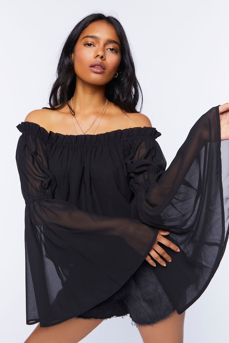 Women Bell Sleeve Off-The-Shoulder Top in Black,  XL FOREVER 21 on sale 2022