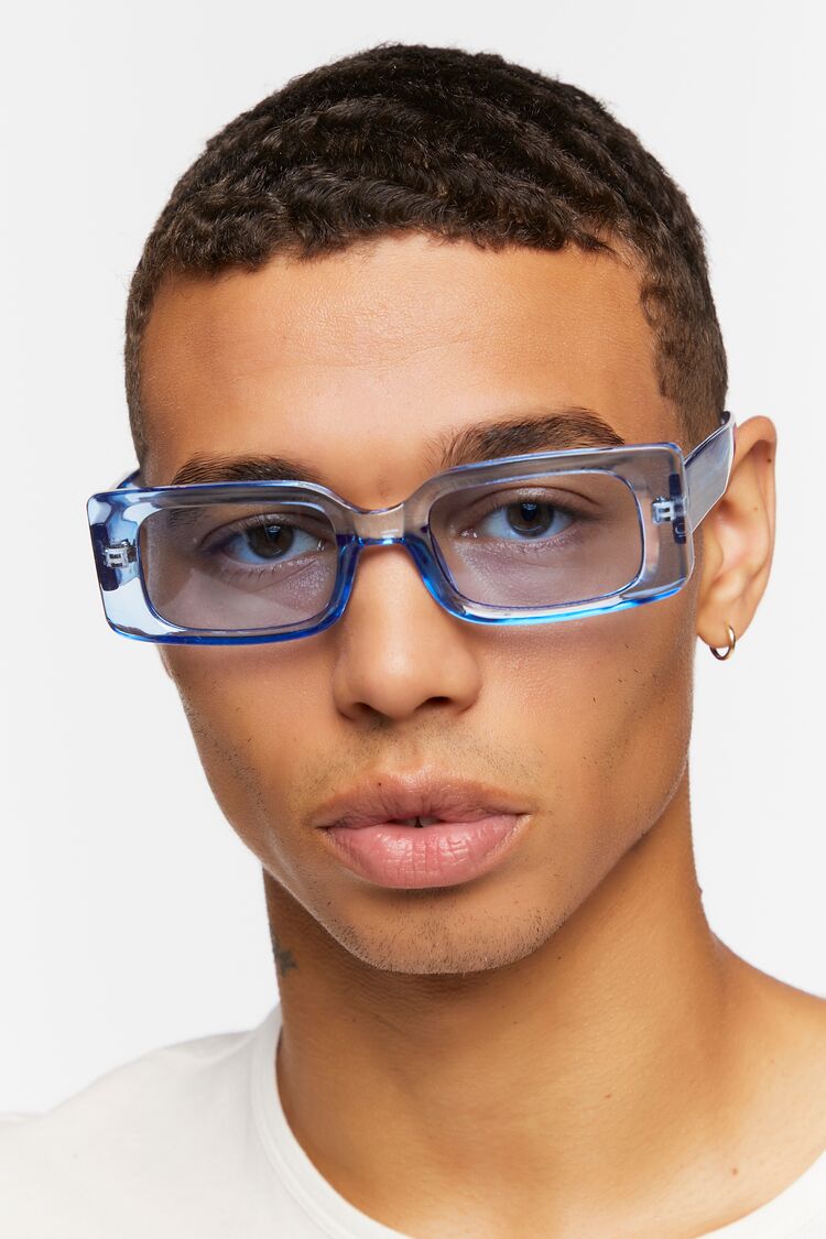 Men Rectangular Frame Sunglasses in Light Blue
