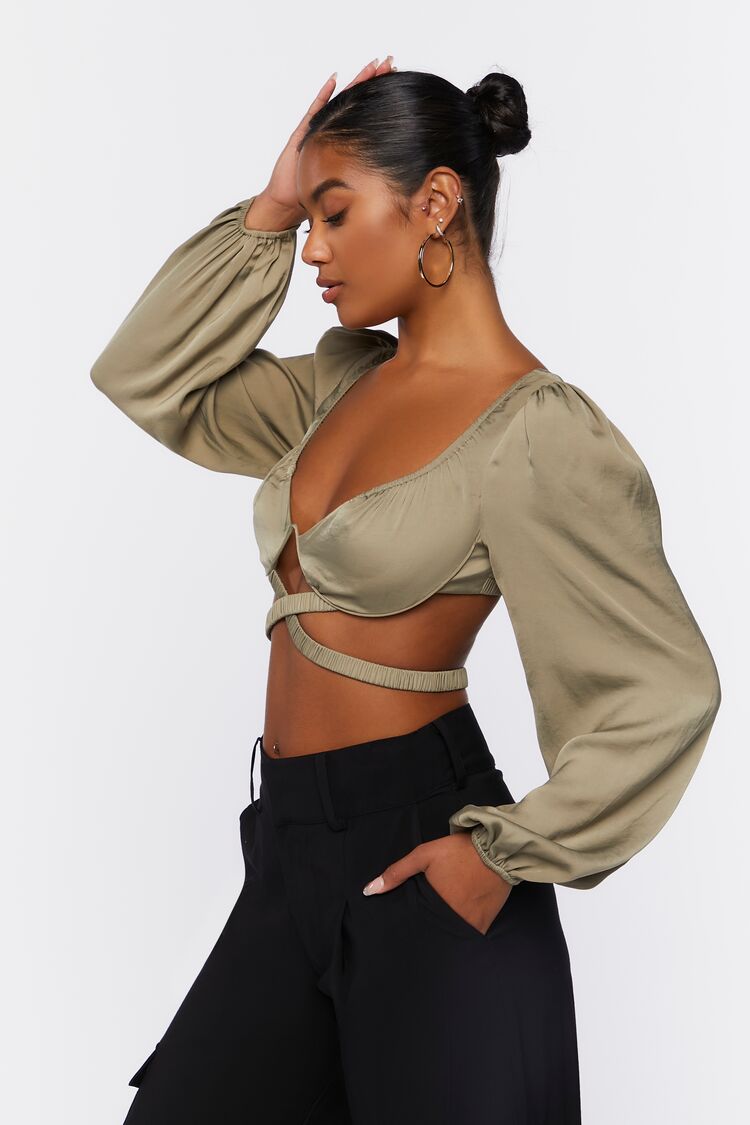 Women Cutout Peasant-Sleeve Top in Light Olive,  XL FOREVER 21 on sale 2022 2