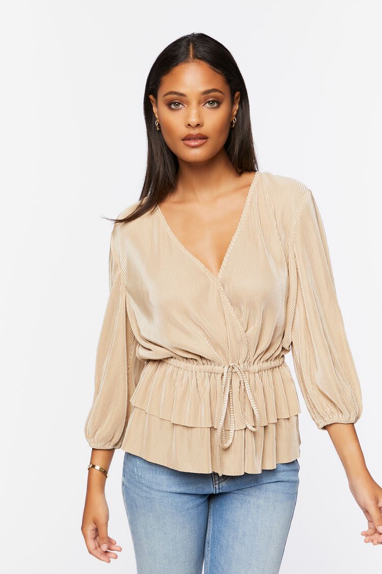 Women’s Plisse Surplice Layered-Hem Top in Taupe Small Forever on sale 2022