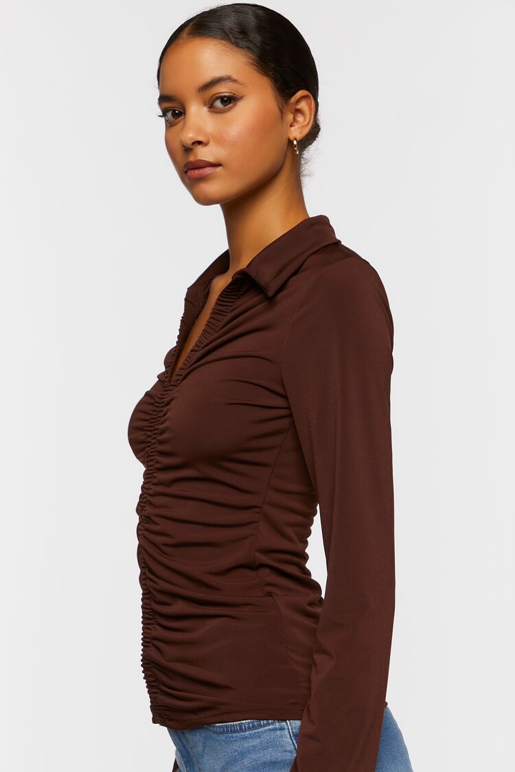 Women’s V-Neck Shirred Long-Sleeve Shirt in Brown Small Brown on sale 2022 2
