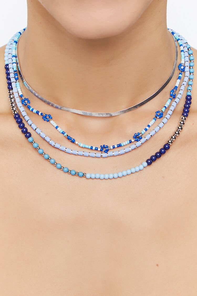 Women’s Floral Beaded Layered Necklace Set in Blue/Silver Accessories on sale 2022