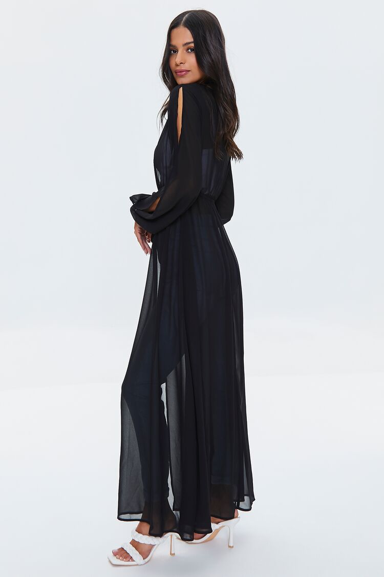 Women Chiffon Self-Tie Duster Kimono in Black Large FOREVER 21 on sale 2022 4