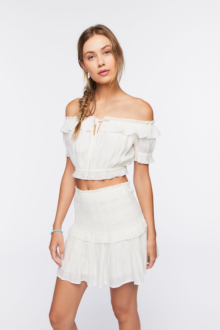 Women Off-the-Shoulder Top & Mini Skirt Set in White,  XS FOREVER 21 on sale 2022