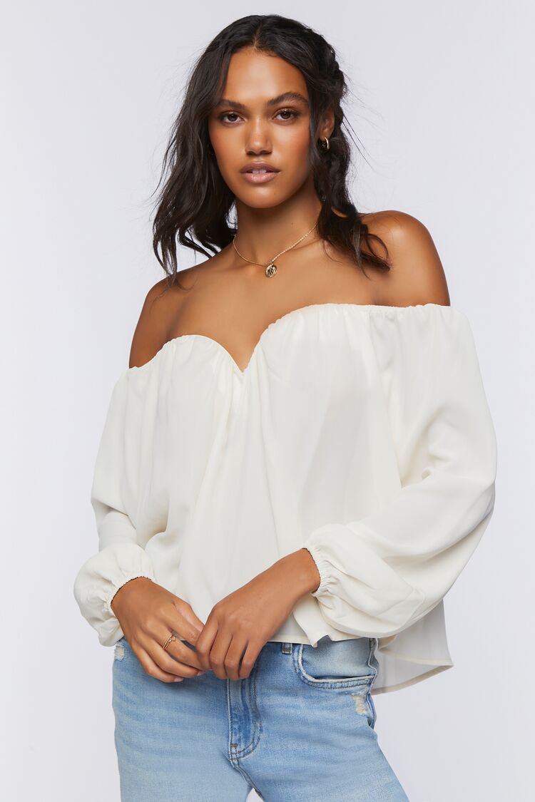 Women’s Chiffon Off-the-Shoulder Top in Ivory Small chiffon on sale 2022