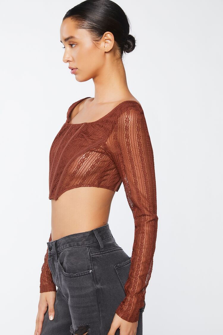 Women’s Crochet Lace Long-Sleeve Crop Top in Brown Medium Brown on sale 2022 2