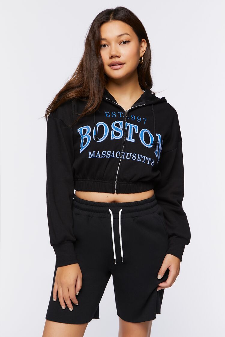 Forever 21 Boston Graphic Cropped Zip-Up Hoodie - ShopStyle