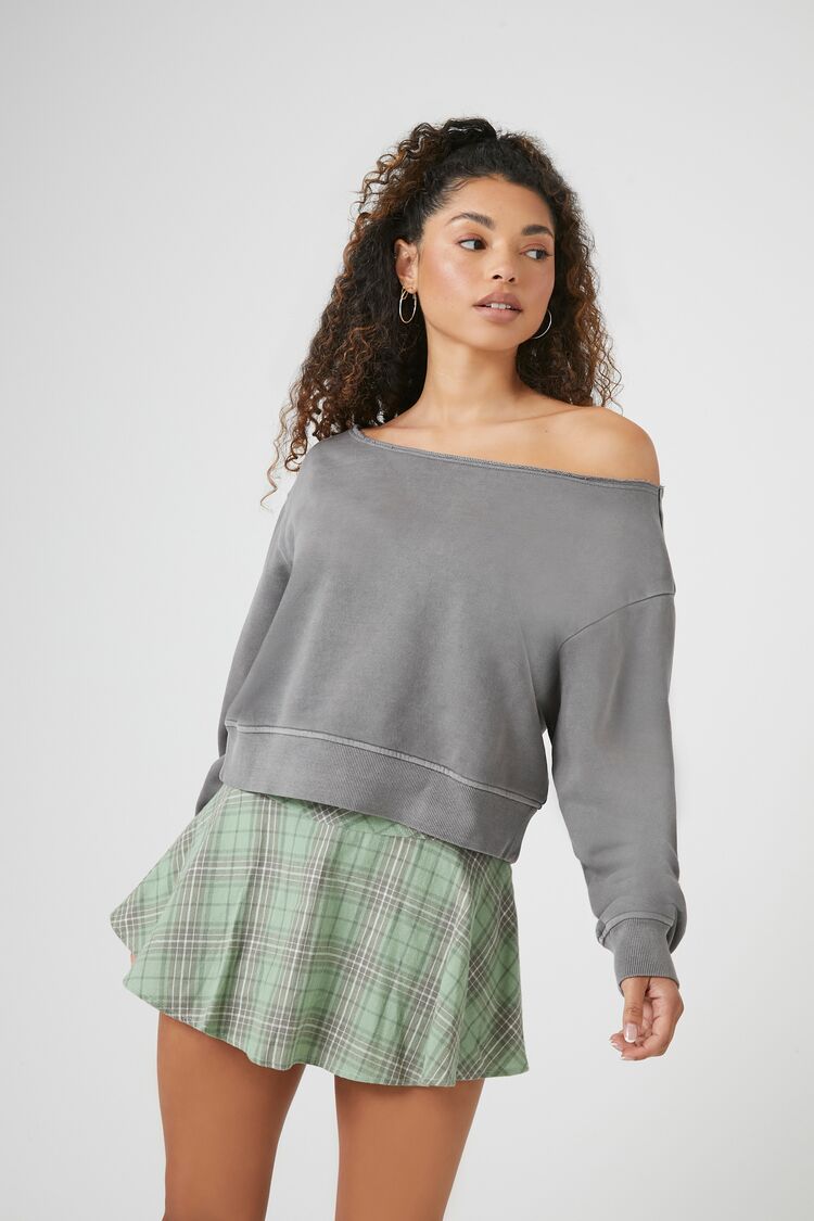 Women's French Terry Off-the-Shoulder Pullover in Charcoal Medium
