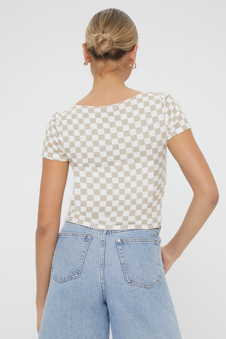 Women Checkered Cutout Buttoned Top in Taupe/Cream,  XL FOREVER 21 on sale 2022 6