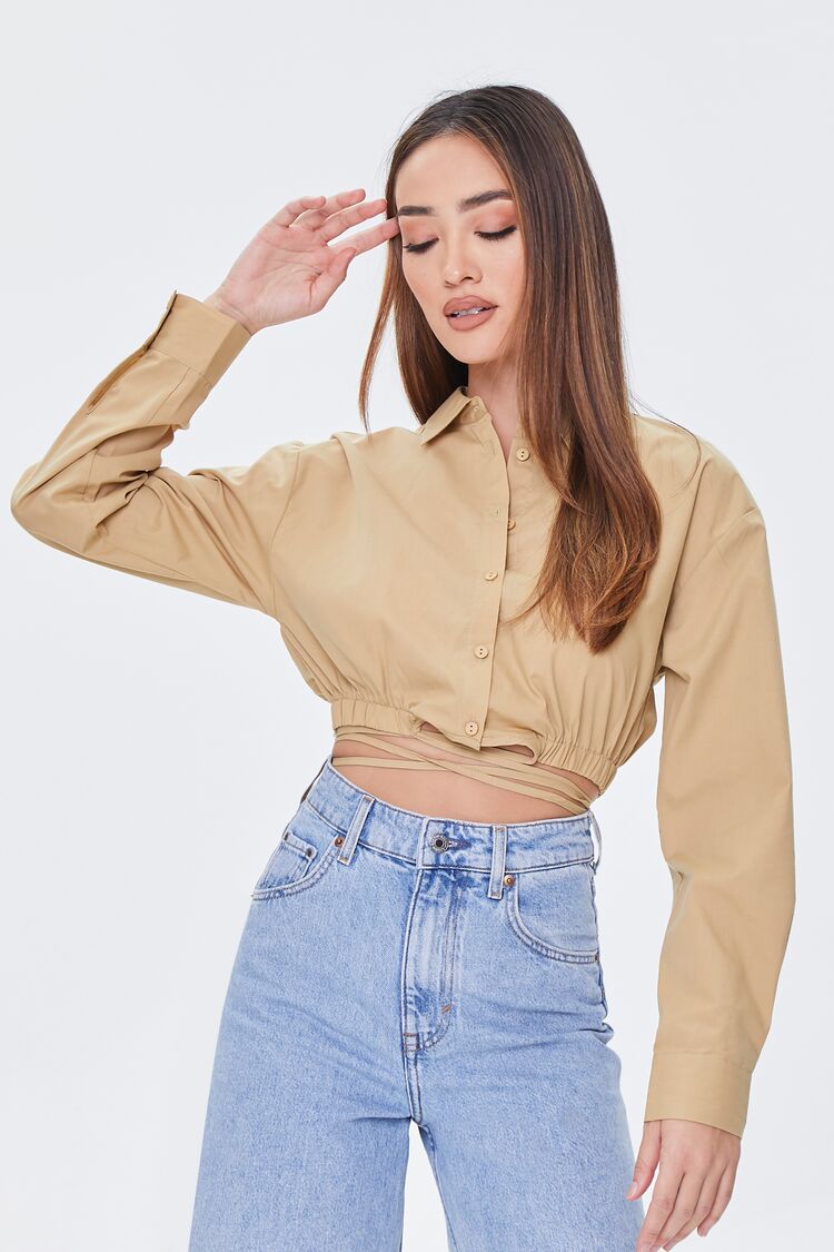 Women's Cropped Wraparound Shirt in Cappuccino Large
